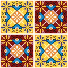 Mexican talavera style ceramic tile vector seamless pattern with flowers and swrils, vibrant wallpaper, textile or fabric print design

