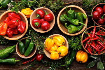 Set of various peppers in bowls with the addition of fresh aromatic herbs, top view