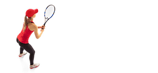Receiving a serve in tennis. Professional tennis player training isolated on white background. Skills, studying, sport, challenges concept.