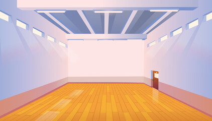 Interior empty gym school. Empty school or college sports court. Vector cartoon illustration.