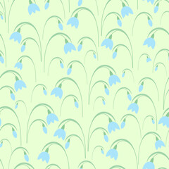 Fototapeta na wymiar Snowdrops. Spring bouquet. Blue buds. Seamless vector pattern. Isolated yellow background. Endless summer ornament of delicate plants with green leaves. Flat style. Delicate floral background. 