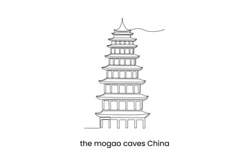 Continuous one line drawing the mogao caves, China. Landmarks concept. Single line draw design vector graphic illustration.