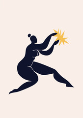 Poster inspired by Matisse. Cutout silhouette of a dancing woman. Collage in the style of Henri Matisse black on light with a yellow star vertical.