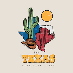 Texas Map with the Cowboy Hat and Cactus Graphic. Vintage Grunge Texture. Editable Vector File. 