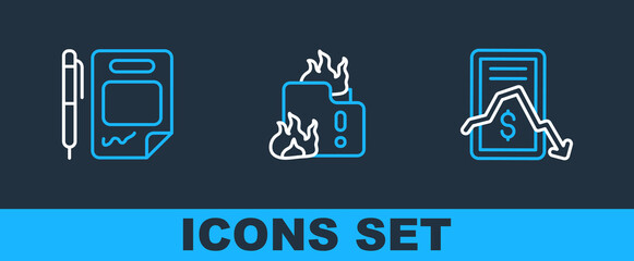 Set line Mobile stock trading, Contract money and pen and Fire burning house icon. Vector