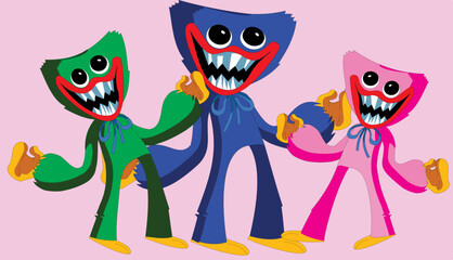 Blue, Green and Pink Huggy Wuggy dance on a pink background