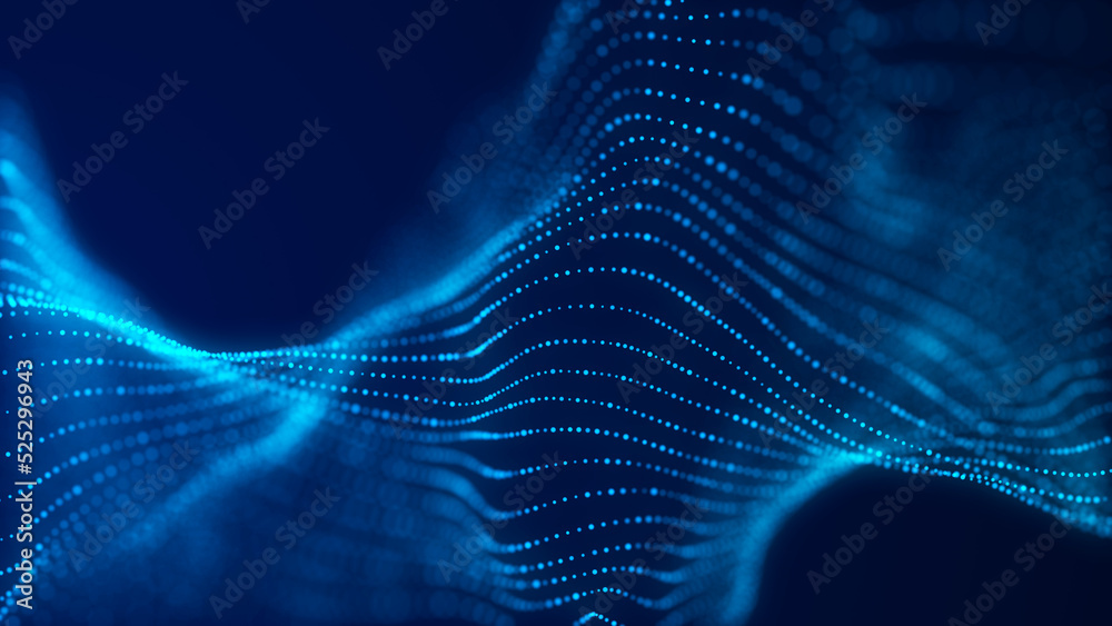 Aufkleber Music wave of particles. Big data visualization. Abstract blue background with a dynamic wave. 3d rendering.