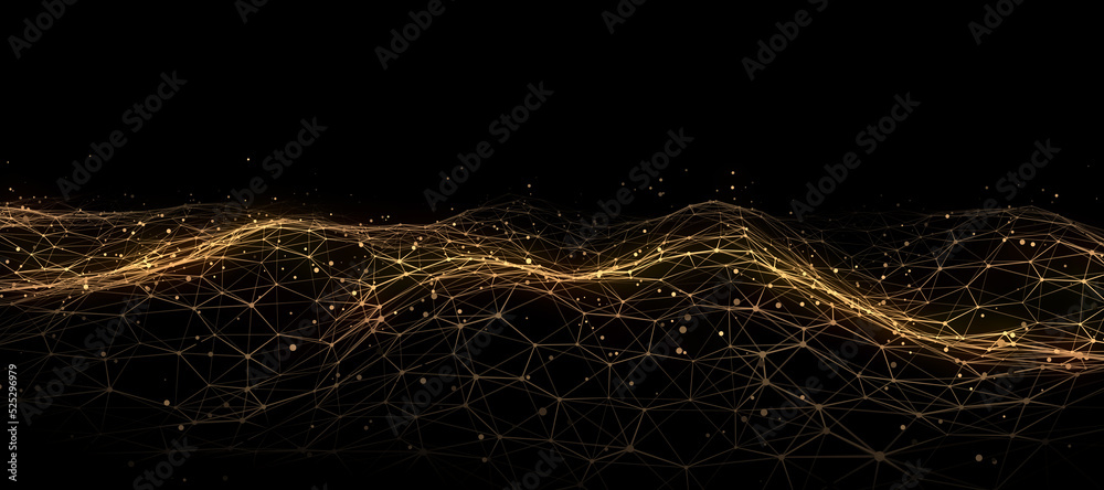 Leinwandbilder Gold hexagon wave of particles and lines. Big data visualization. Abstract background with a dynamic wave. 3d rendering.