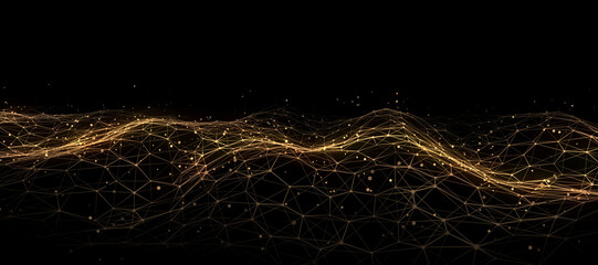 Goldene Sechseckwelle aus Partikeln und Linien. Big-Data-Visualisierung. Abstrakter Hintergrund mit einer dynamischen Welle. 3D-Rendering.