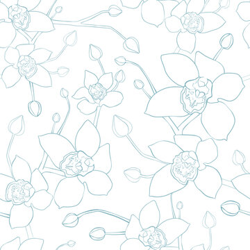 Vector seamless pattern with many beautiful linear orchids on white background. Tropical flowers with blue outline. Vintage hand drawn ink illustration. Decorative element for wedding layout design.