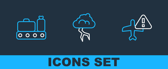 Set line Warning aircraft, Conveyor belt with suitcase and Storm icon. Vector