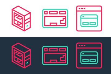 Set line Search engine, Computer and Keyboard icon. Vector