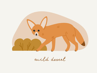 Hand-drawn fennec fox with bush and hand lettering, isolated on white background. Desert fox, desert animals. Cartoon animal character