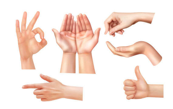 Human hands gestures realistic images set with pointing finger ok sign thumb up transparent