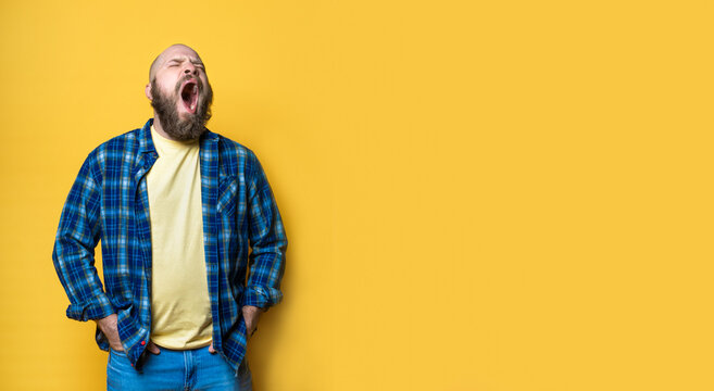 Bearded middle-aged bored yawn man over yellow background. Mock up, template, copy space. Brutal, handsome. Casual clothing, plaid blue shirt, jeans.
