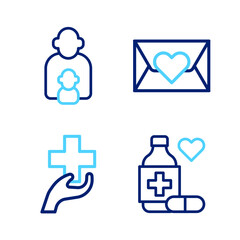 Set line Medicine bottle and pills, Heart with cross, Envelope heart and Taking care of children icon. Vector