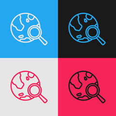 Pop art line Magnifying glass with globe icon isolated on color background. Analyzing the world. Global search sign. Vector