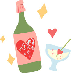 Bottle and drinking glass with heart symbols. Love celebration