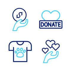 Set line Heart in hand, Animal volunteer, Donation charity and icon. Vector