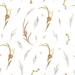 Decorative botanical seamless pattern, pastel colors on white - swirls from branches. Watercolor.