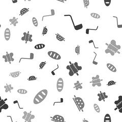 Set Kitchen ladle, Kitchen colander, Rolling pin on dough and Bread loaf on seamless pattern. Vector