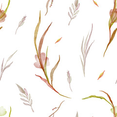 Decorative botanical seamless pattern, pastel colors on white. Watercolor.