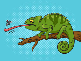 chameleon catches fly with its tongue pop art retro vector illustration. Comic book style imitation.