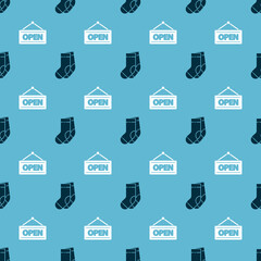 Set Socks and Hanging sign with Open on seamless pattern. Vector