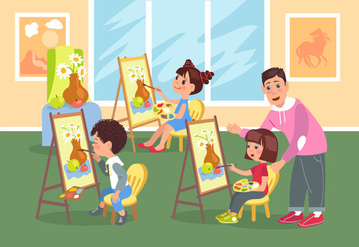 Children painting with teacher. Little students in art class. Kids sitting at easels. Boys and girls drawing pictures with paints. Young artists. Creativity lesson. Splendid vector concept