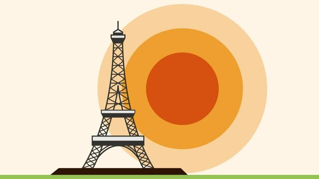 Tour Eiffel, Paris. Parisian summer, poster and cover with sun in flat design. Animated illustration