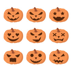 Halloween monster jack lantern orange pumpkin scary face set
