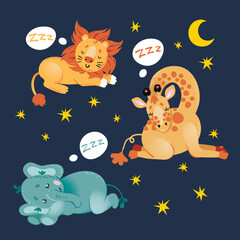 Set of three cute sleeping animals from Africa on dark blue background with night sky.