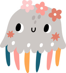 Funny jellyfish with cute flowers. Kawaii underwater animal