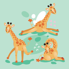Set of cute funny giraffe in three different poses on mint green background.