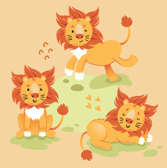 Set of three cute funny Lions on different poses on yellow background in cartoon style.