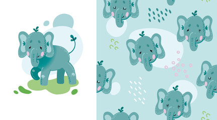 Seamless pattern and poster with cute baby elephant on light blue background in cartoon style.