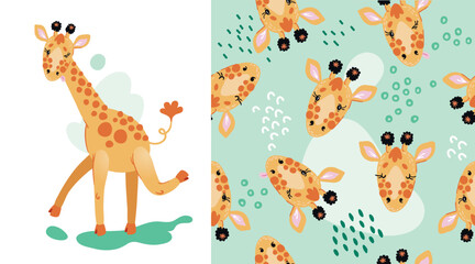 Set of seamless pattern and poster with cute baby giraffe on mint green background in cartoon style.