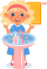 Girl showing clean hands after washing. Cartoon kid character