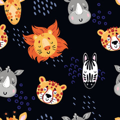 Seamless pattern with cute baby African animals on black background. Pattern with heads of lion, cheetah, zebra, elephant, giraffe, hippo and rhinos.