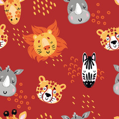 Seamless pattern with cute baby African animals in cartoon style. For children and nursery design. Lion, zebra, elephant, rhinos, hippo, cheetah and giraffe.