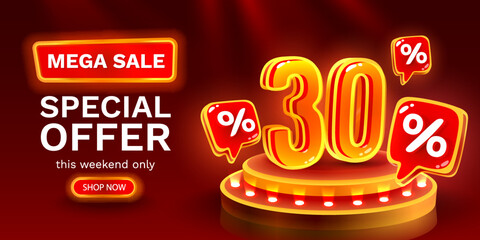 Mega sale special offer, Neon 30 off sale banner. Sign board promotion. Vector