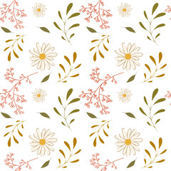 Vector seamless floral background with wild herbs and flowers on white. Hand drawn botanical herbal illustration in sketch style. For print, fabric, wallpaper, wrapping and other seamless design.