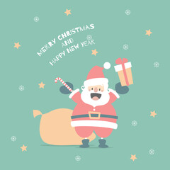 merry christmas and happy new year with cute santa claus and present gift in the winter season green background, flat vector illustration cartoon character costume design
