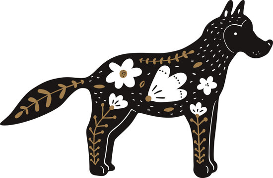 Nordic wolf in decorative scandinavian style with floral motifs