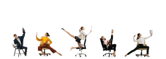 Emotional office workers in casual and business clothes with folders, coffee, tablet isolated on white background. Ballet dancers. Creative collage.