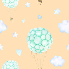 Watercolor baby seamless pattern with turquoise balloon, clouds and stars