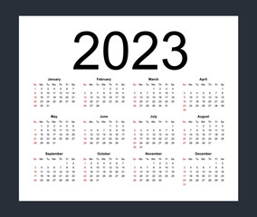 Calendar template for 2023 year. Week starts from Sunday. Isolated vector illustration on white background.