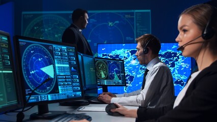 Workplace of the air traffic controllers in the control tower. Team of professional aircraft control officers works using radar, computer navigation and digital maps. Aviation concept.