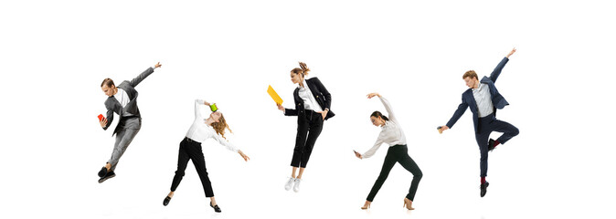 Group of young people, office workers jumping and dancing in casual clothes and business suit with folders, coffee, tablet on white background. Flyer