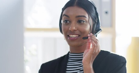 Call center agent, sales consultant and customer service support worker with help, brand advertising and communication in office. Happy woman consulting for crm, telemarketing and contact us agency